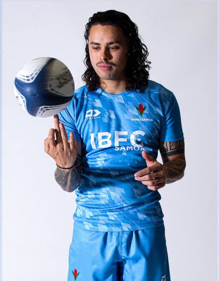 Jacob Umaga debut for Manu Samoa wearing IBFC Samoa jersey and spinning rugby ball during team photoshoot