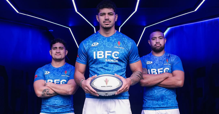 Manu Samoa rugby players pose in IBFC Samoa jerseys with rugby ball inside illuminated blue tunnel
