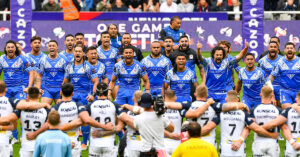 Toa Samoa rugby league team performing the Siva Tau before a match against England at the Rugby League World Cup