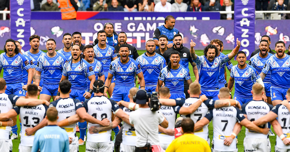 Toa Samoa rugby league team performing the Siva Tau before a match against England at the Rugby League World Cup