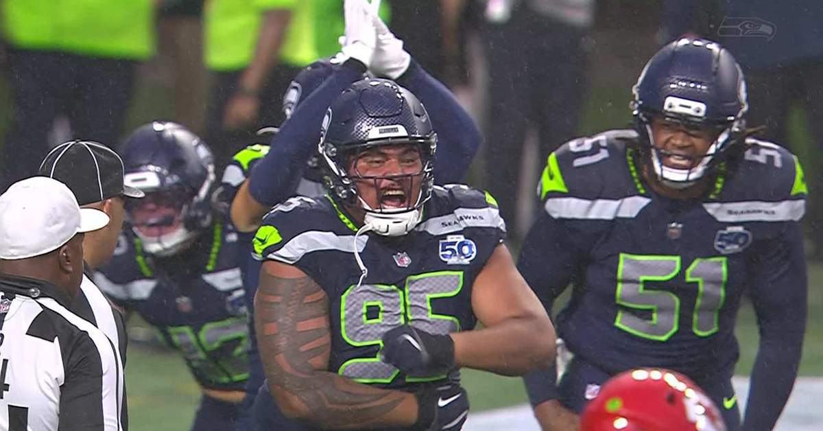 Seattle Seahawks defensive tackle Brandon Pili, a Samoan-Polynesan NFL player, celebrates a game-changing safety during the 2025 preseason game against the Kansas City Chiefs.