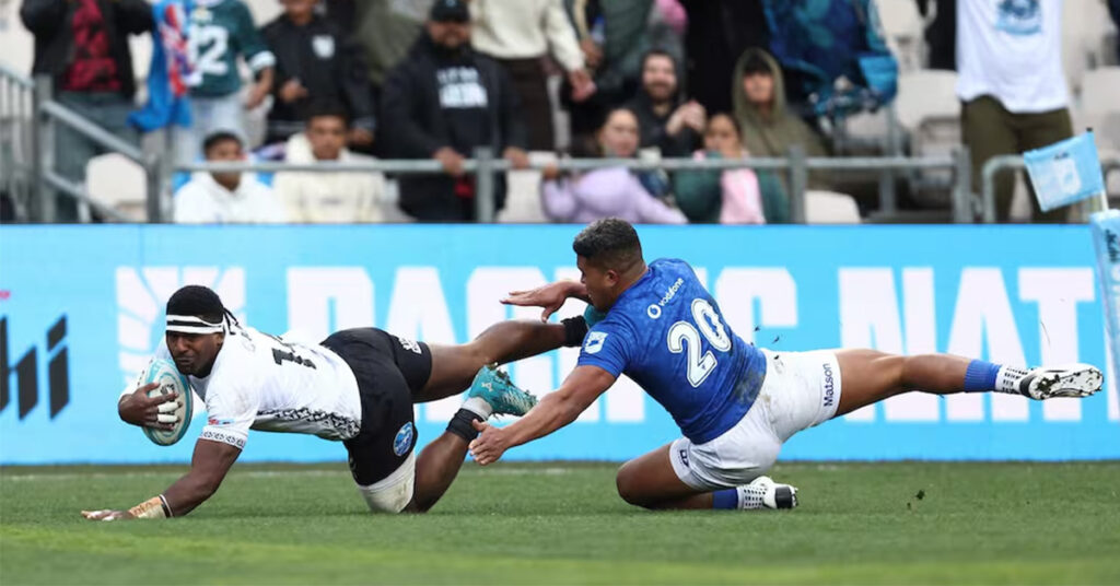 Fiji rugby player scores a try against Samoa during the Pacific Nations Cup 2025 match in Rotorua securing Tonga’s spot at the 2027 Rugby World Cup