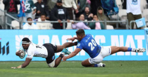 Fiji rugby player scores a try against Samoa during the Pacific Nations Cup 2025 match in Rotorua securing Tonga’s spot at the 2027 Rugby World Cup