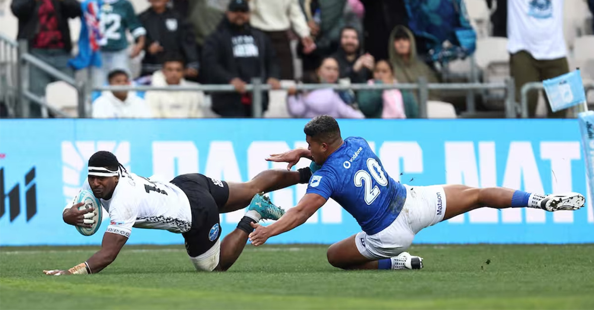 Fiji rugby player scores a try against Samoa during the Pacific Nations Cup 2025 match in Rotorua securing Tonga’s spot at the 2027 Rugby World Cup