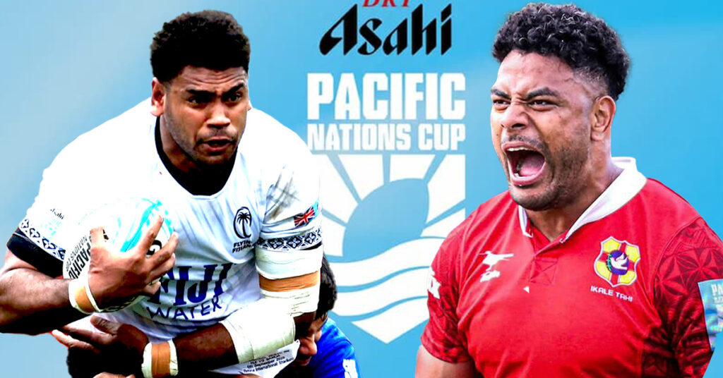 Fiji rugby player in white jersey carrying the ball alongside Tonga player in red jersey during the Asahi Pacific Nations Cup 2025, highlighting intense island rivalry and tournament excitement.