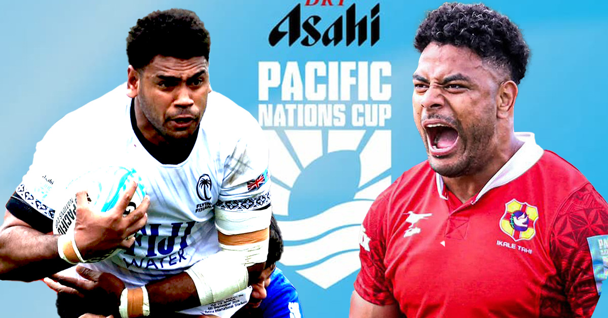 Fiji rugby player in white jersey carrying the ball alongside Tonga player in red jersey during the Asahi Pacific Nations Cup 2025, highlighting intense island rivalry and tournament excitement.