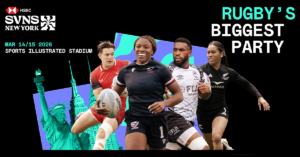 HSBC SVNS New York 2026 promotional poster featuring Fiji, New Zealand, and USA rugby sevens stars with Statue of Liberty backdrop – Rugby's Biggest Party, March 14-15 at Sports Illustrated Stadium.