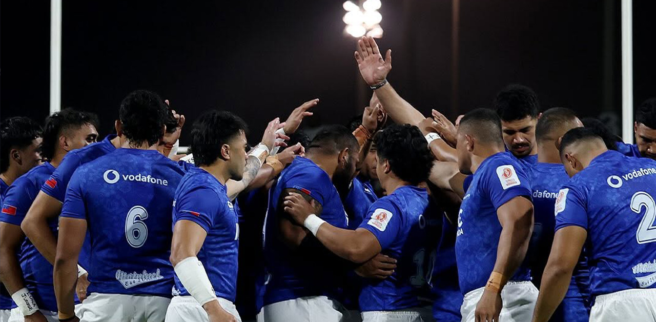 Manu Samoa rugby team huddling in celebration after dominating Namibia with a 26-8 victory in the Rugby World Cup 2027 Qualifier at The Sevens Stadium in Dubai on November 13, 2025