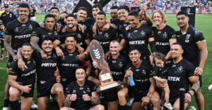New Zealand Kiwis rugby league team celebrating with Pacific Cup trophy after 36-14 win over Toa Samoa in 2025 Pacific Championships Final at CommBank Stadium