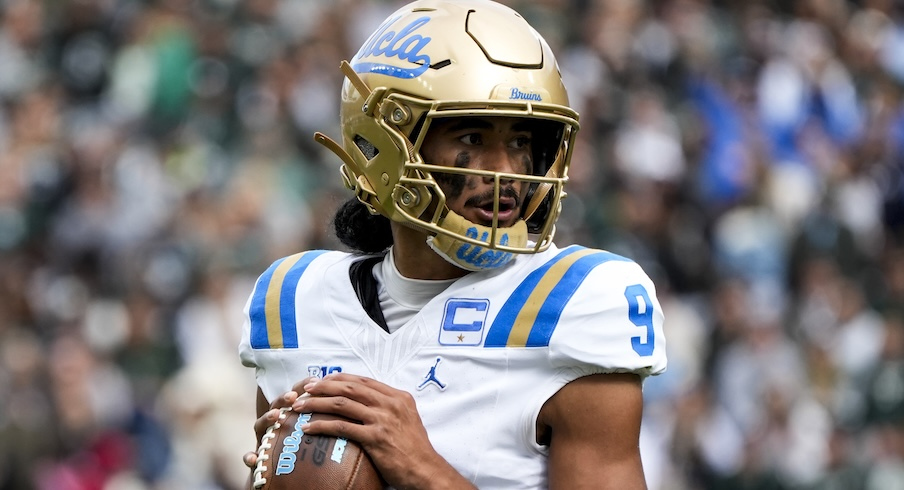 UCLA Bruins quarterback Nico Iamaleava in full uniform during the 2025 season, ruled out of tonight's game vs No. 1 Ohio State due to concussion protocol