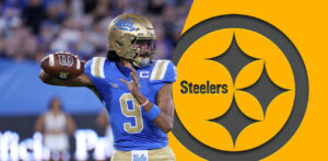 Pittsburgh Steelers logo overlaid on UCLA quarterback Nico Iamaleava throwing a football during a college game, highlighting potential 2026 NFL Draft interest