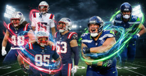 Feature graphic illustrating six NFL players of Polynesian heritage on a stadium field at night. On the left are New England Patriots players Jahlani Tavai (#48), Khyiris Tonga (#95), Marte Mapu (#15), and Christian Elliss (#53) surrounded by red and blue kinetic energy. On the right are Seattle Seahawks players Brandon Pili (#95) and George Holani (#36) surrounded by green and blue kinetic energy streaks.