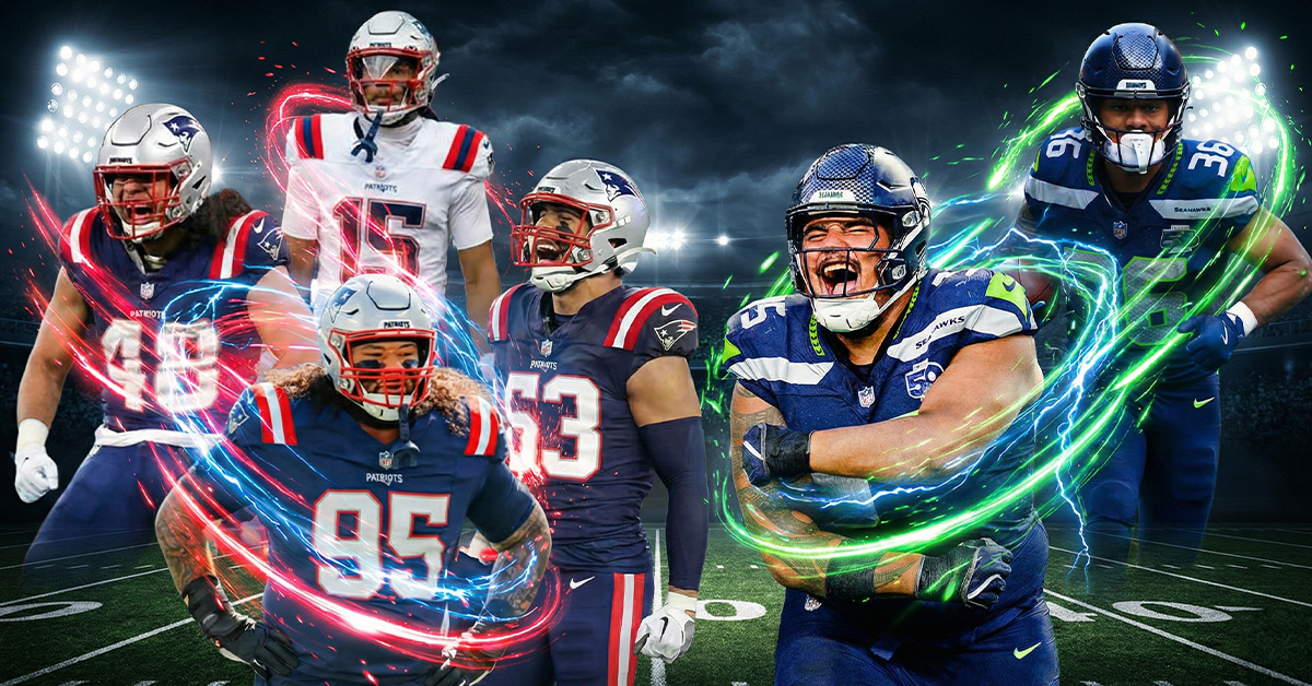 Feature graphic illustrating six NFL players of Polynesian heritage on a stadium field at night. On the left are New England Patriots players Jahlani Tavai (#48), Khyiris Tonga (#95), Marte Mapu (#15), and Christian Elliss (#53) surrounded by red and blue kinetic energy. On the right are Seattle Seahawks players Brandon Pili (#95) and George Holani (#36) surrounded by green and blue kinetic energy streaks.