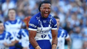 Canterbury-Bankstown Bulldogs captain Stephen Crichton screaming in celebration during an NRL match.