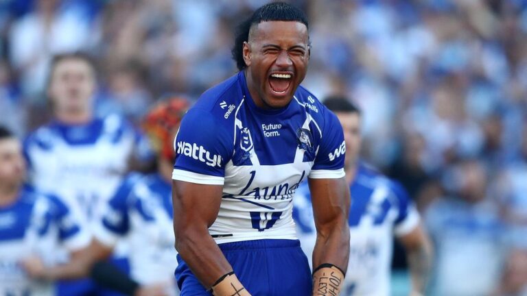 Canterbury-Bankstown Bulldogs captain Stephen Crichton screaming in celebration during an NRL match.