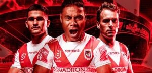 St. George Illawarra Dragons players in 2024 jerseys standing in front of Allegiant Stadium in Las Vegas for the NRL season opener.