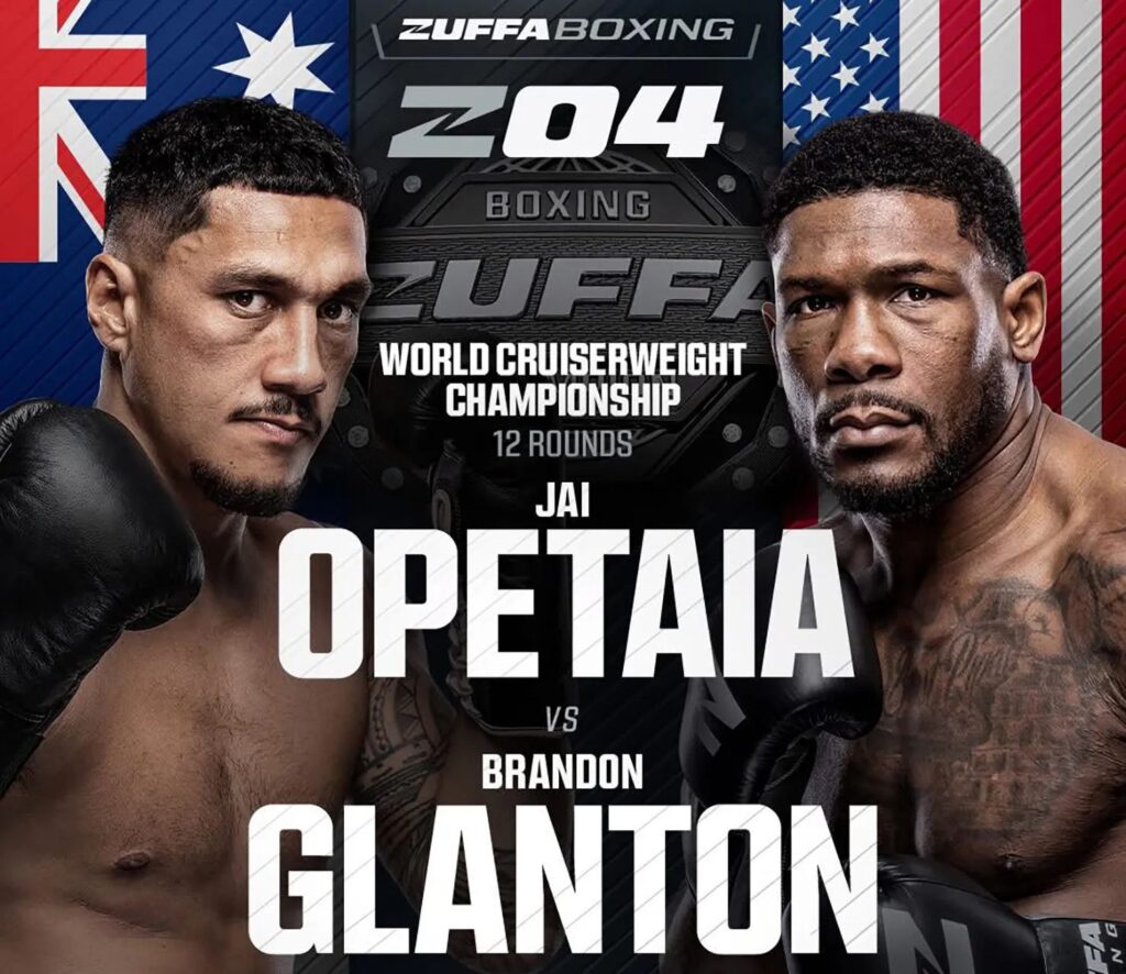 Jai Opetaia vs. Brandon Glanton promotional poster for the Zuffa Boxing World Cruiserweight Championship 12-round fight.