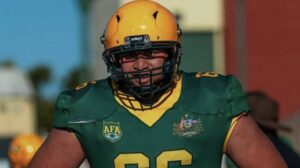 Kaylan Faumui, offensive lineman and International Player Pathway football prospect, wearing the Australian American football national team uniform during a game