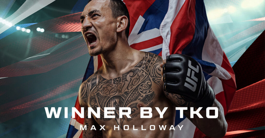 Max Holloway reacts after his first-round TKO win over Conor McGregor in the UFC 329 main event in Las Vegas