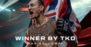 Max Holloway reacts after his first-round TKO win over Conor McGregor in the UFC 329 main event in Las Vegas