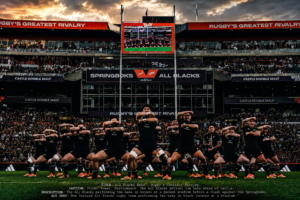 The New Zealand All Blacks perform the haka in front of a packed stadium before facing the South African Springboks in one of rugby’s greatest rivalries.