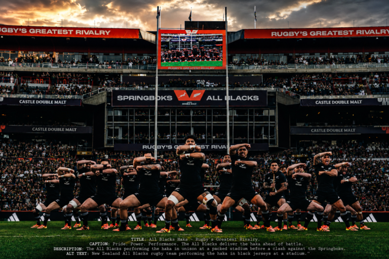 The New Zealand All Blacks perform the haka in front of a packed stadium before facing the South African Springboks in one of rugby’s greatest rivalries.