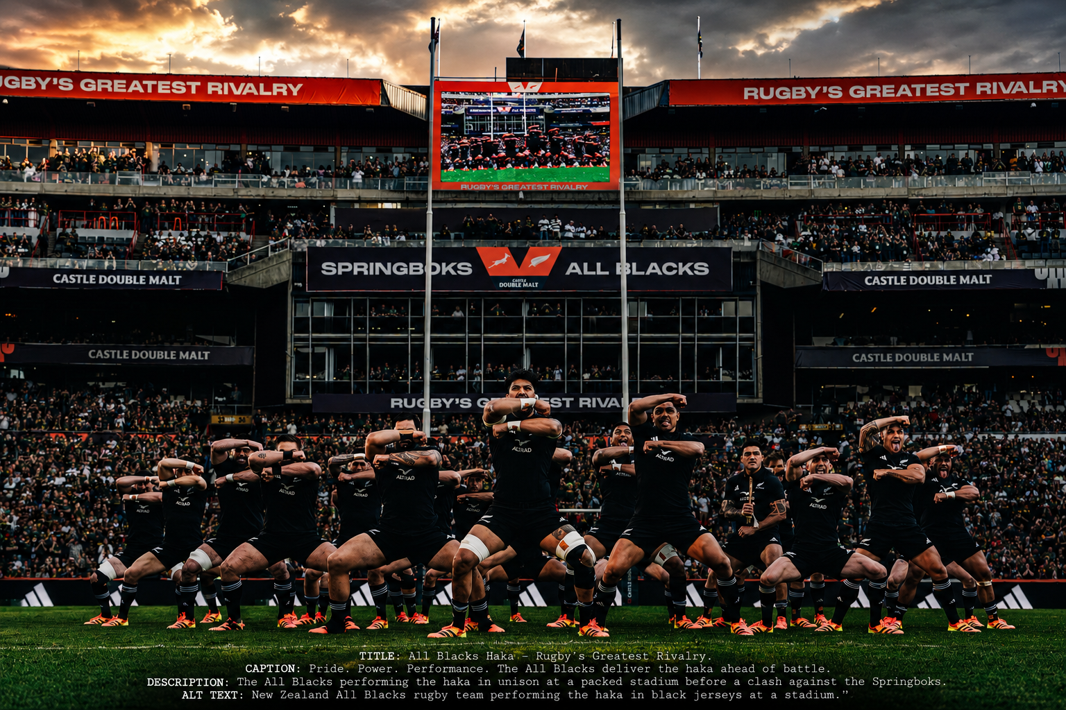 The New Zealand All Blacks perform the haka in front of a packed stadium before facing the South African Springboks in one of rugby’s greatest rivalries.