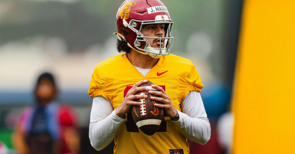 USC quarterback Jayden Maiava looking downfield during practice, preparing for the 2026 Big Ten college football season.