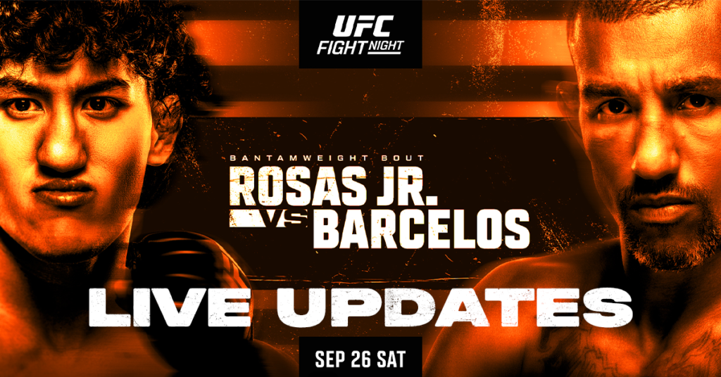 UFC Fight Night Rosas Jr. vs Barcelos live results graphic with Raul Rosas Jr. and Raoni Barcelos face to face, Sept. 26