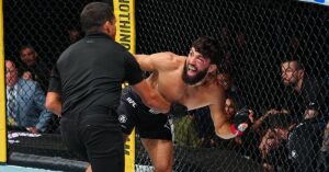 Arman Tsarukyan celebrates as the referee waves off his fight with Mauricio Ruffy at UFC 331 in Los Angeles