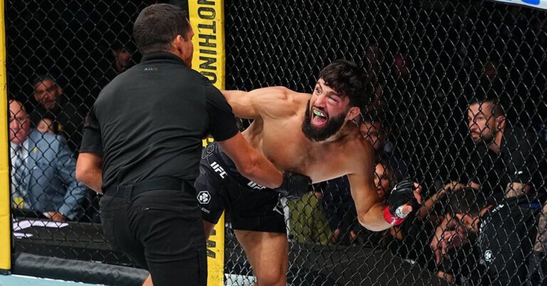 Arman Tsarukyan celebrates as the referee waves off his fight with Mauricio Ruffy at UFC 331 in Los Angeles