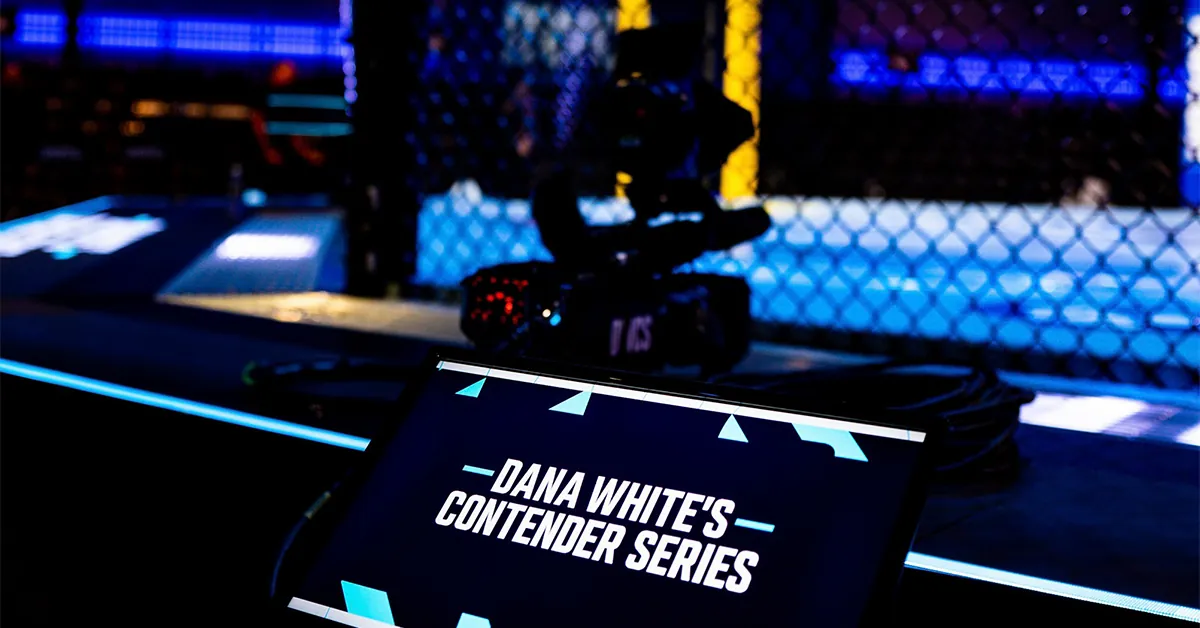 Dana White's Contender Series logo on a cageside screen next to the Octagon at the Meta APEX in Las Vegas