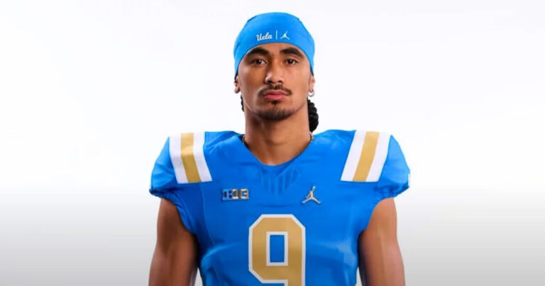 UCLA Bruins quarterback Nico Iamaleava wearing a blue number 9 football uniform and a matching blue UCLA headband against a white background