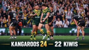 : Rugby league graphic showing Australian Kangaroos players and New Zealand Kiwis players, with the final score: Kangaroos 24, Kiwis 22.