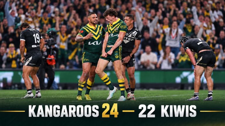 : Rugby league graphic showing Australian Kangaroos players and New Zealand Kiwis players, with the final score: Kangaroos 24, Kiwis 22.