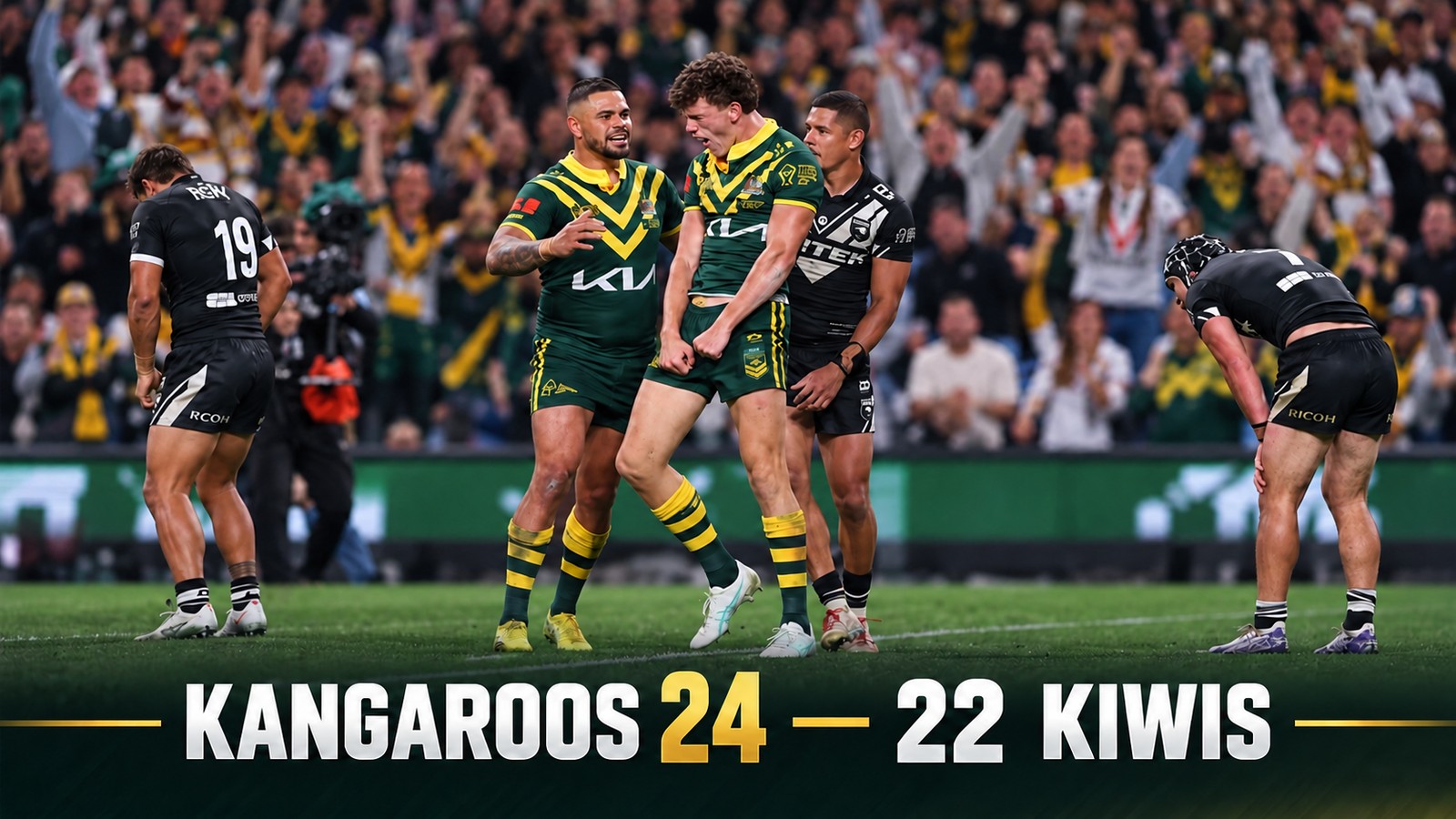 : Rugby league graphic showing Australian Kangaroos players and New Zealand Kiwis players, with the final score: Kangaroos 24, Kiwis 22.