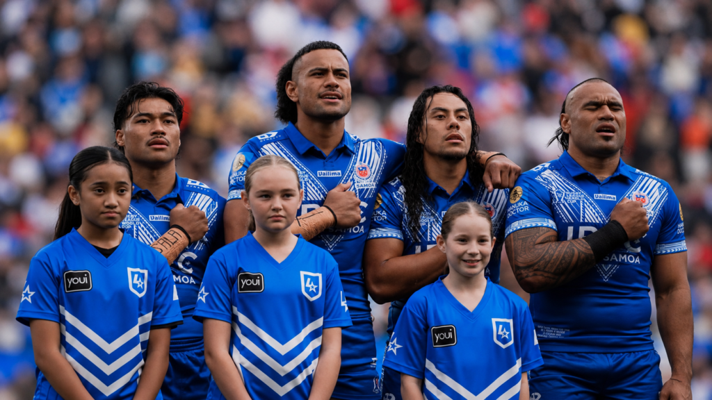 Toa Samoa players and children stand together in blue jerseys during the national anthem at a rugby league match.