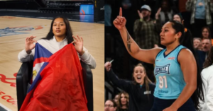 Mia Tuaniga of Indy Ignite celebrates with a flag in one photo and competes on the volleyball court in another.