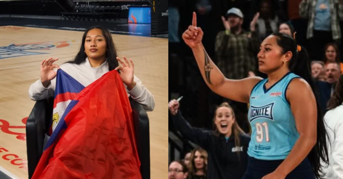Mia Tuaniga of Indy Ignite celebrates with a flag in one photo and competes on the volleyball court in another.